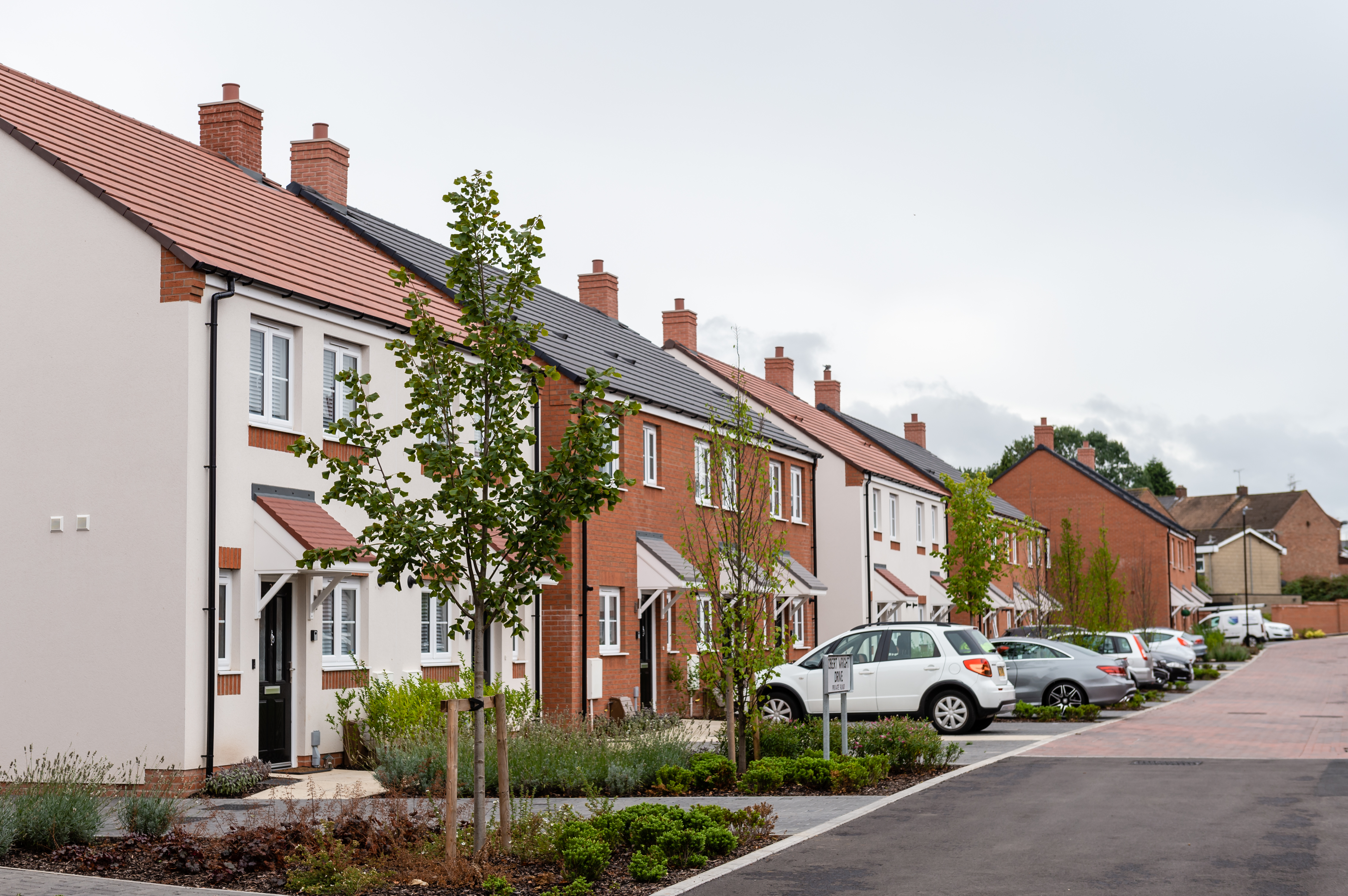 Row of new-build houses with front gardens and cars parked on driveways