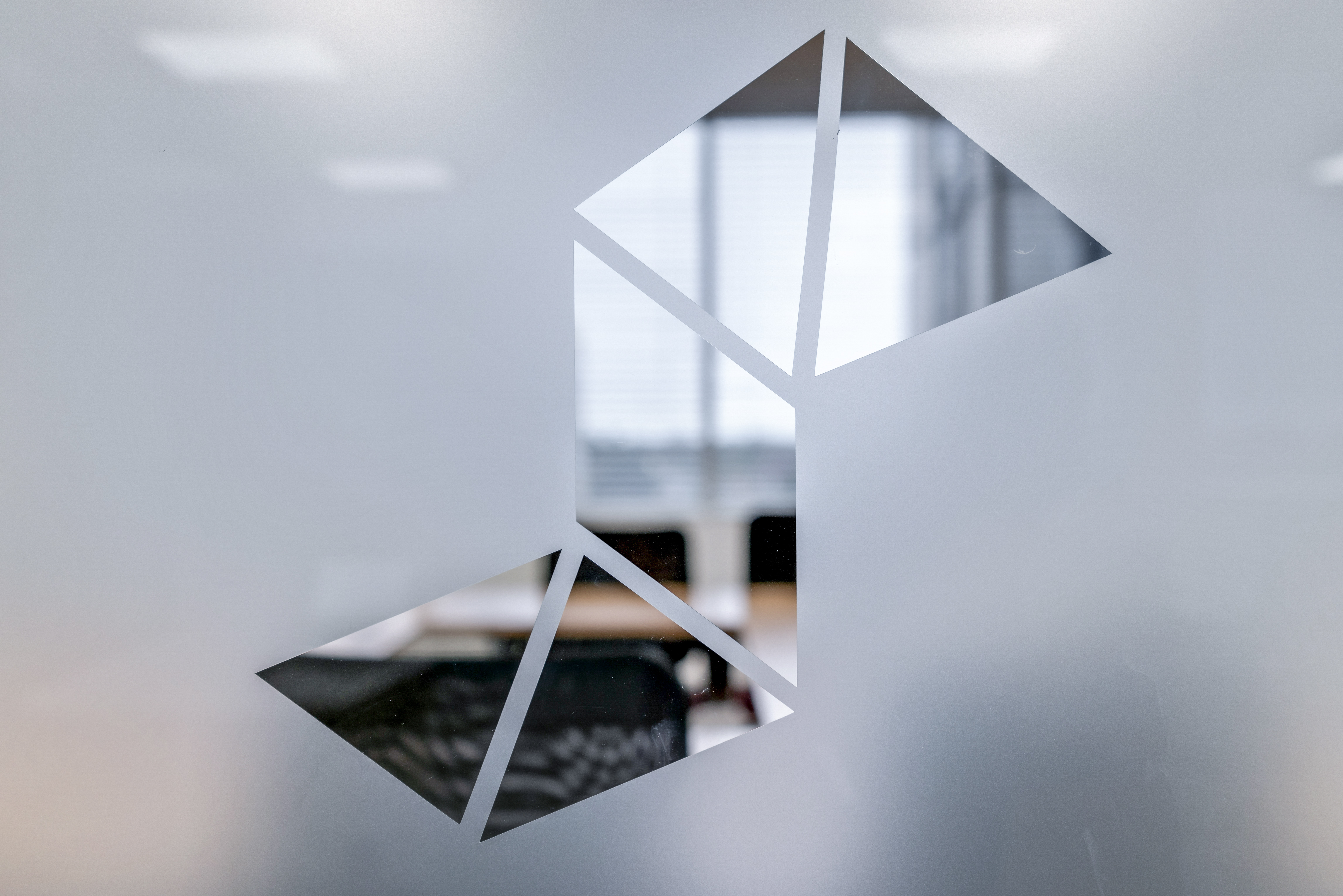 Close-up of frosted glass door in Stonewater office, with Stonewater 'S' logo on the door