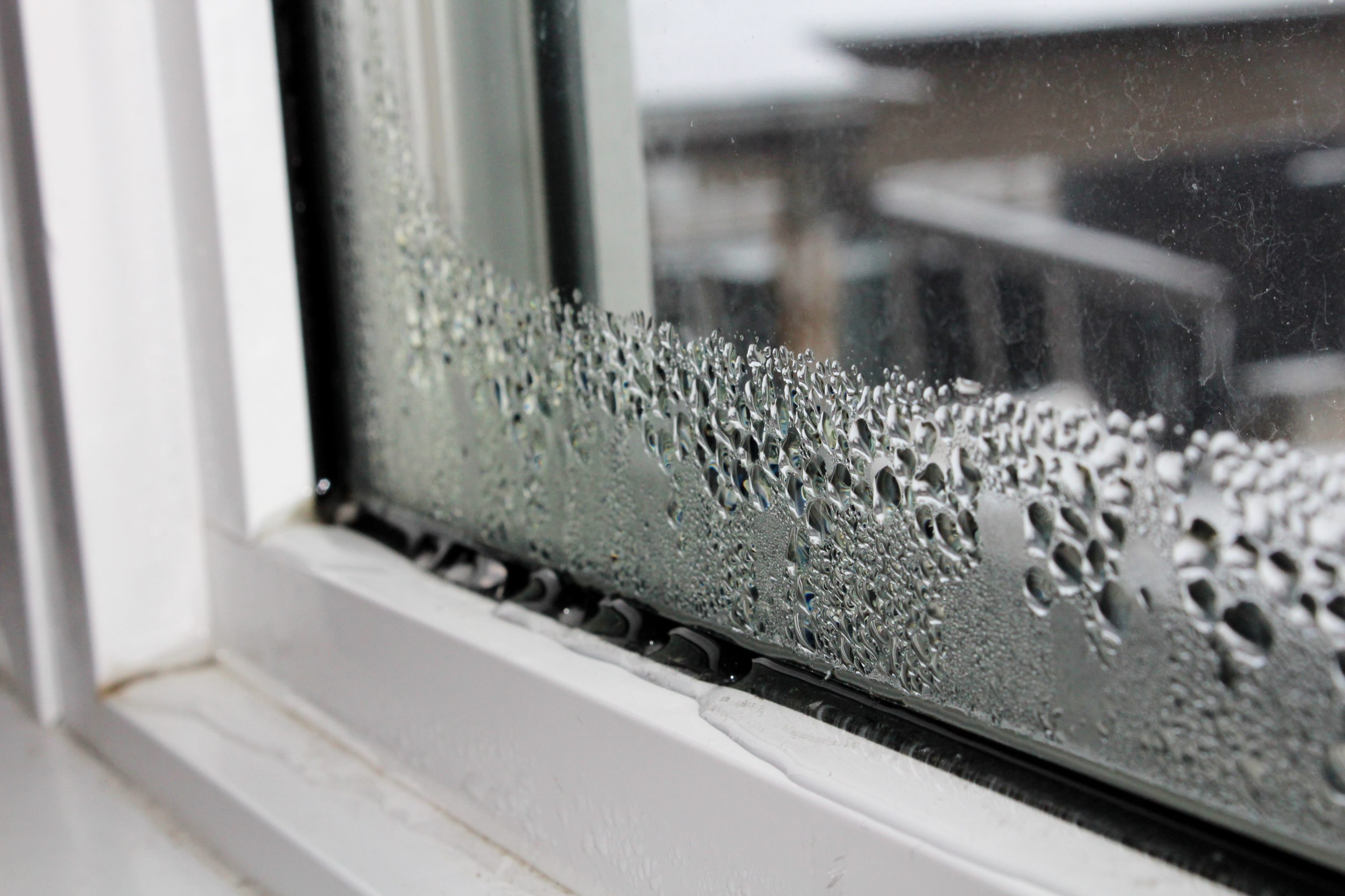 Close-up of window with condensation on glass and sill 