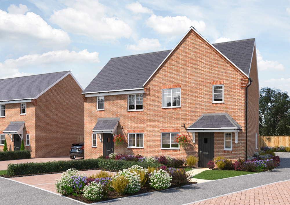 CGI shot of two semi-detached new-build houses with front garden full of colourful shrubs