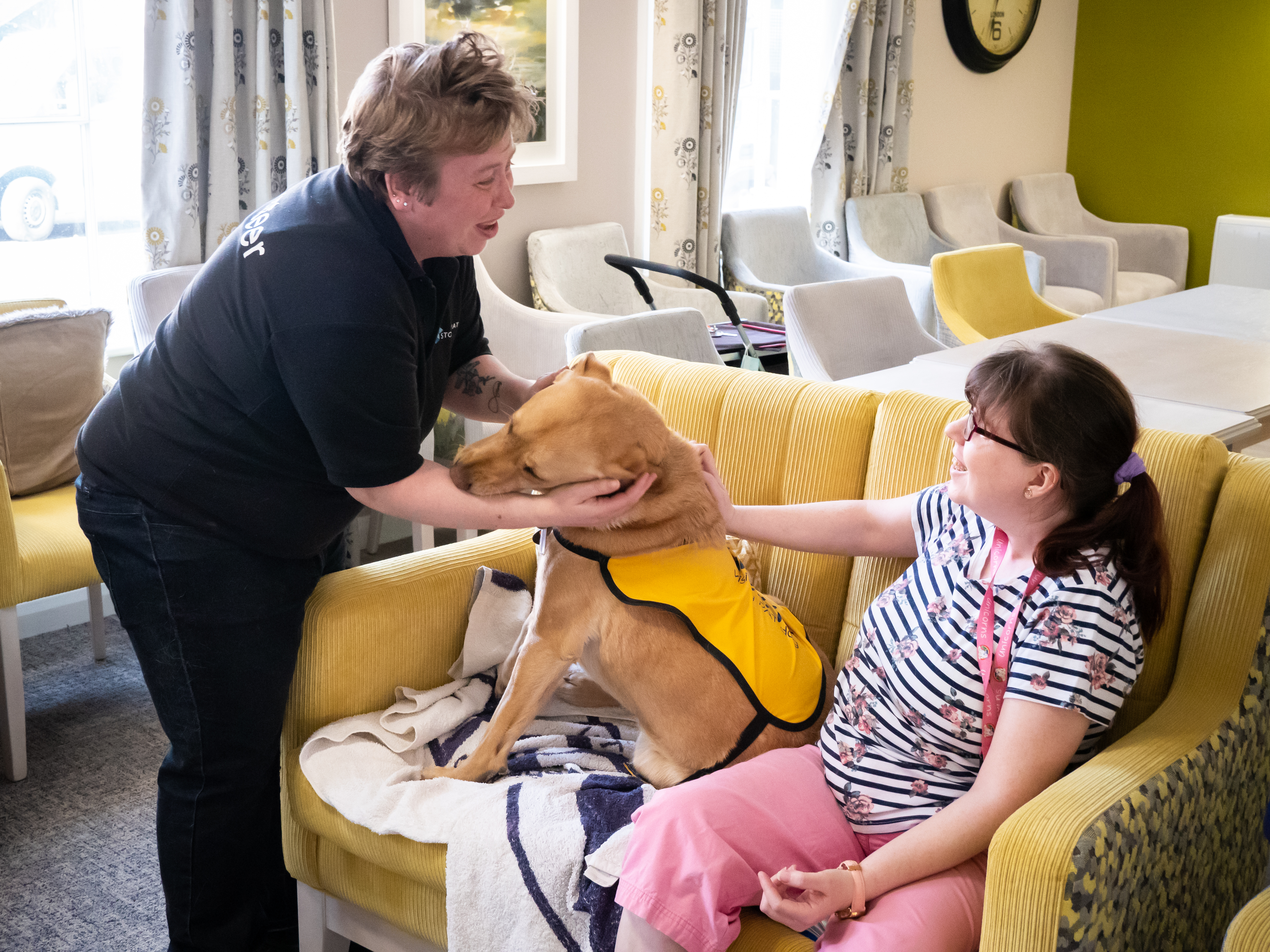 Retirement living resident sat on yellow sofa next to therapy Labrador