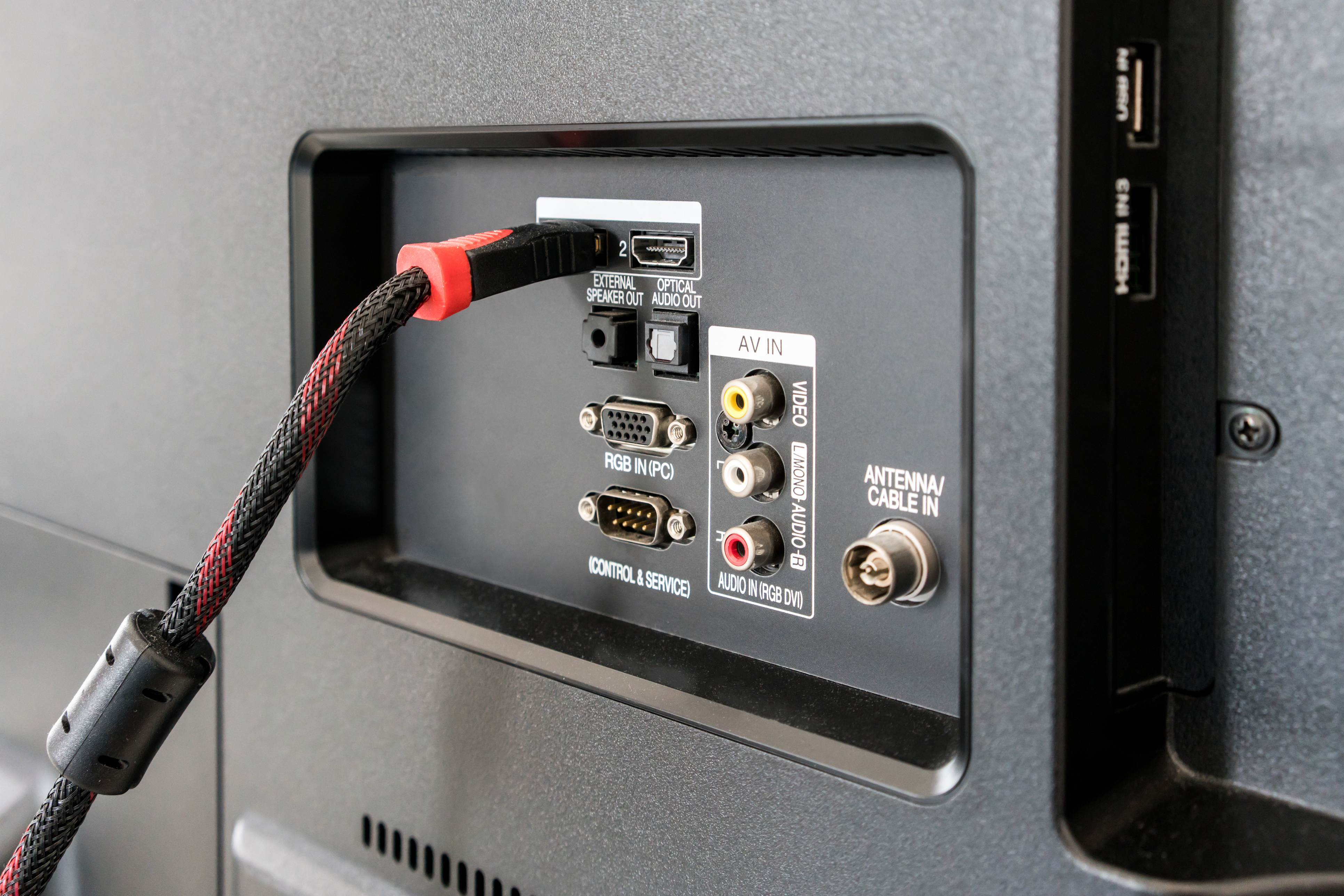 Close-up of the back of a TV with cable going into a port