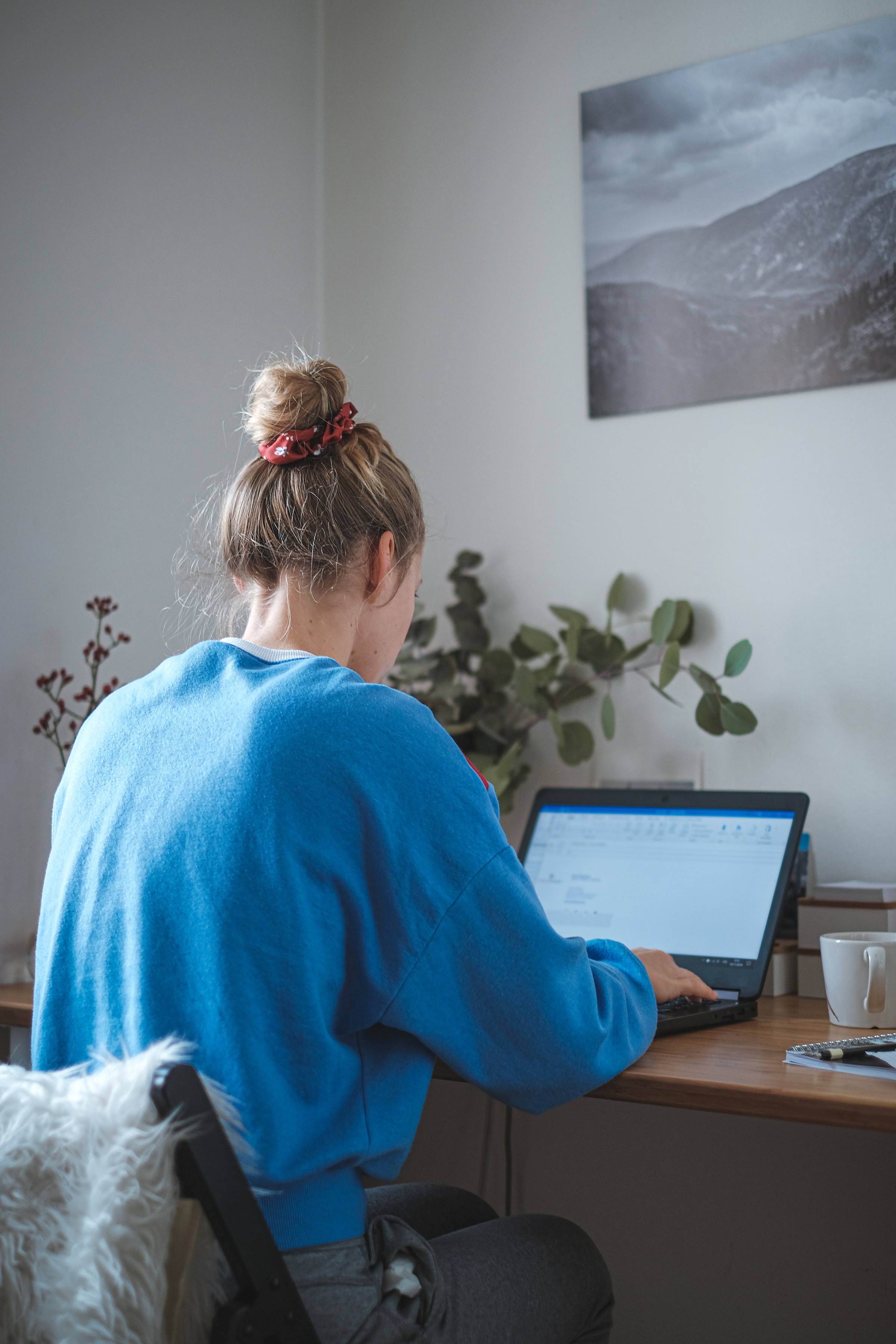 Young woman in blue jumper sat on desk chair working on laptop