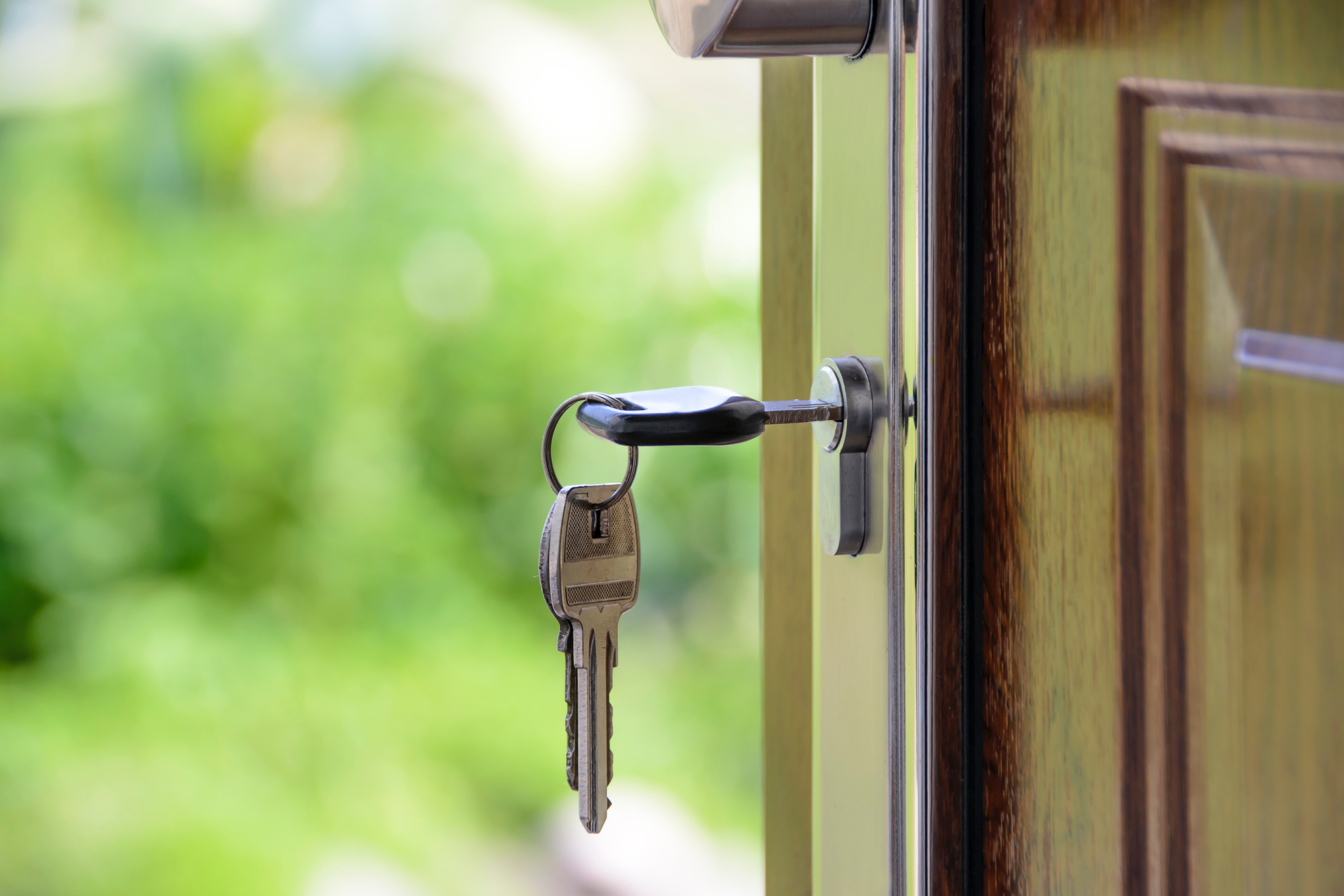 Wooden front door open to greenery outside, with key in the lock