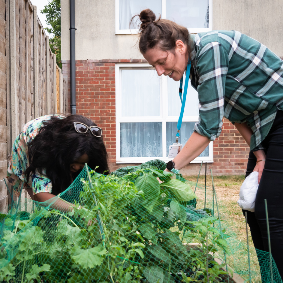 Two residents gardening, looking over a small vegetable patch with green netting over it